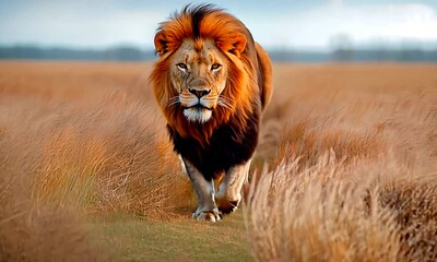 A majestic lion walking through golden grass in a serene landscape.