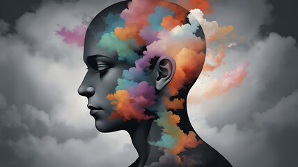 Woman’s head covered with cloud or smoke portrait, Depression concept, overthinking, stress