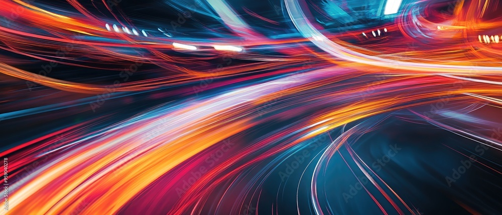 Poster abstract illustration showcasing dynamic movement of light and lines capturing the essence of speed 