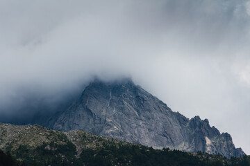 Panorama of alps. Extreme sports in mountains. High resolution photo. Ski, parasailing, climbing, alpinism.