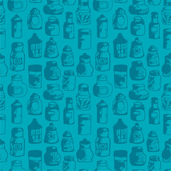 Seamless print pattern with jars and bottles with different food kitchen wallpaper background for textile, paper	
