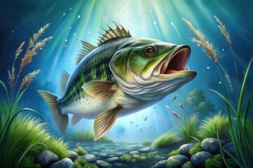 Vibrant, hand-drawn illustration of a large-mouthed bass fish swimming upstream, surrounded by subtle water ripples and aquatic plants, against a soft, gradient blue background.