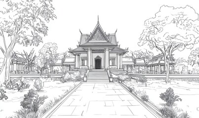 Line art illustration of historic Thai architectural landscape in black and white