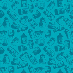 Seamless print pattern with jars and bottles with different food kitchen wallpaper background for textile, paper	
