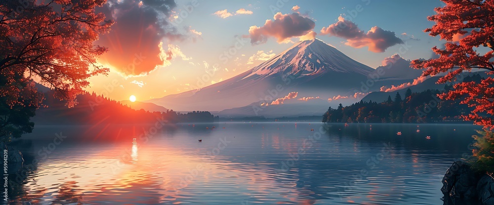 Aufkleber sunrise over a tranquil lake with a mountain in the background and red trees on either side of the i