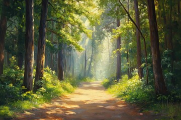 A Sun-Drenched Path Through a Lush Green Forest