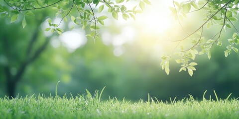 Obraz premium A clean, springtime garden background with green grass and bokeh-style, blurred foliage
