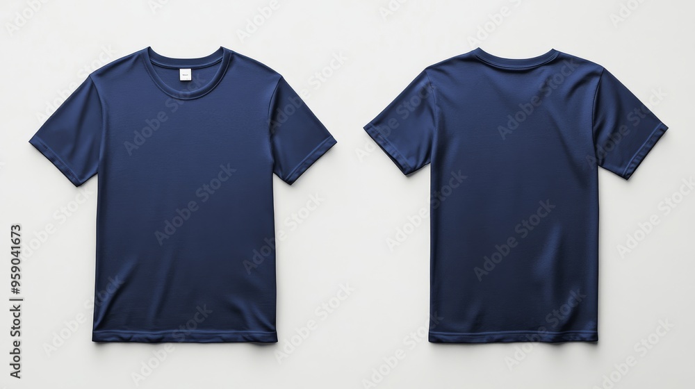 Poster this mockup features a simple, plain navy blue tshirt displaying both front and back views. it is pe