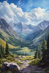 Oil painting depicting a panoramic view of majestic mountains showcasing stunning natural beauty and artistic craftsmanship