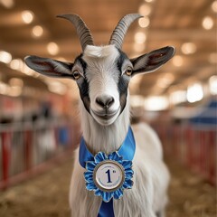 Close view of a prize winning goat at the county fair.
