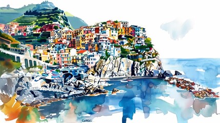 Naklejka premium Vibrant watercolor painting of a coastal village with colorful houses, cliffs, and a calm blue sea under a bright sky.