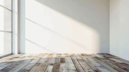 Empty bright room with white walls and wooden floor after renovation. Bright sunlight through large windows, shadows on walls. For decoration and design. Minimalistic style. Copy space.