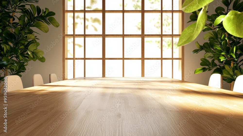 Poster a wooden table with natural light streaming in from a large window. green plants flank the scene, cr