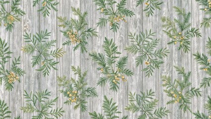 Fototapeta premium Floral background pattern with yellow mimosa flowers and green leaves on wooden texture
