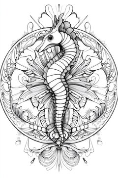 recommend clip art: Line art illustration featuring a seahorse pattern within a circular mandala design representing the underwater realm Ideal coloring page for both children and adults
