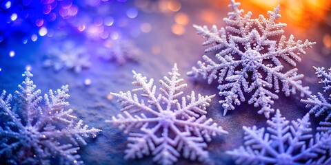 Beautiful white snowflakes on a blue and orange ombre background with copy space. Perfect for winter, holiday, or seasonal designs.