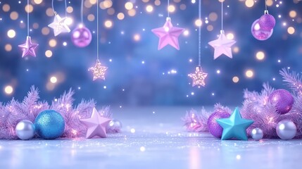 Fototapeta premium Festive decorative background with sparkling stars and colorful ornaments, perfect for holiday celebrations and seasonal artwork.