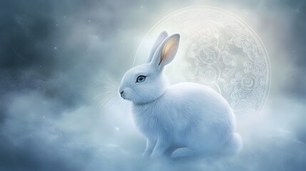 Chinese Zodiac Rabbit with Moon Symbols: A rabbit depicted under a full moon, with lunar symbols and soft, mystical lighting, representing tranquility and reflection.
