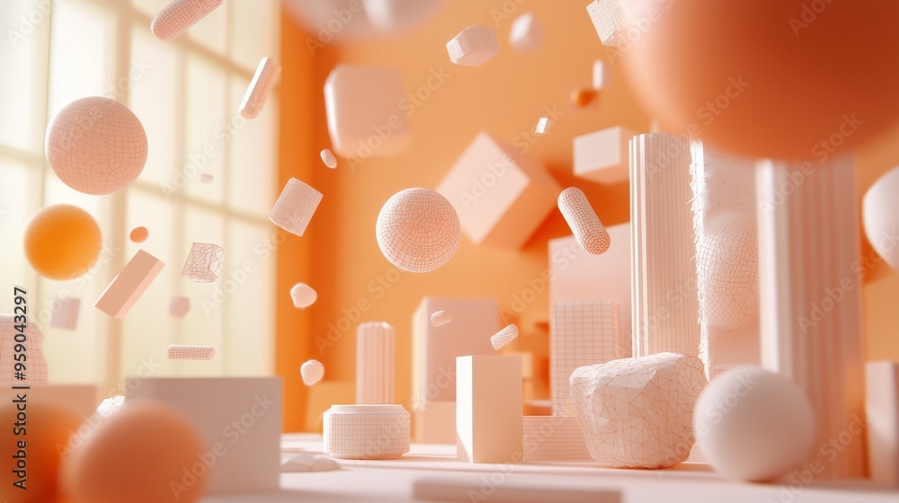 Aufkleber abstract 3d render of geometric shapes floating in a light-filled room. minimalist and modern design