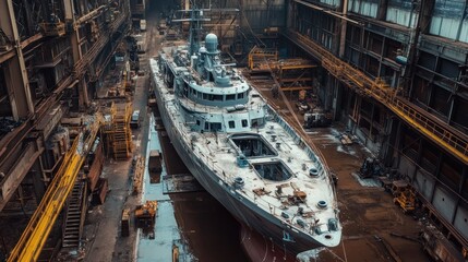 Fototapeta premium Ship Under Construction in a Shipyard