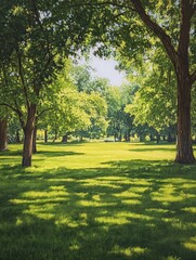 Oil painting depicting a vibrant lawn with lush green grass surrounded by trees on a bright day captured from a low angle showcasing lawn aesthetics and natural beauty