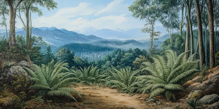 Oil painting depicting Pyrrosia a genus comprised of approximately 100 fern species belonging to the polypod family
