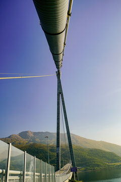Close up shot of the pillars of the suspension Halogaland bridge leading to Narvik. 
