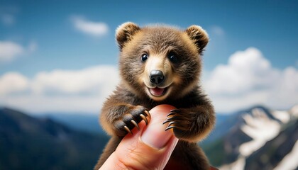Obraz premium Little bear on finger. Generated image