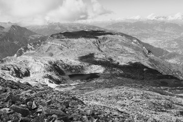 Panorama of alps. Extreme sports in mountains. High resolution photo. Ski, parasailing, climbing,...