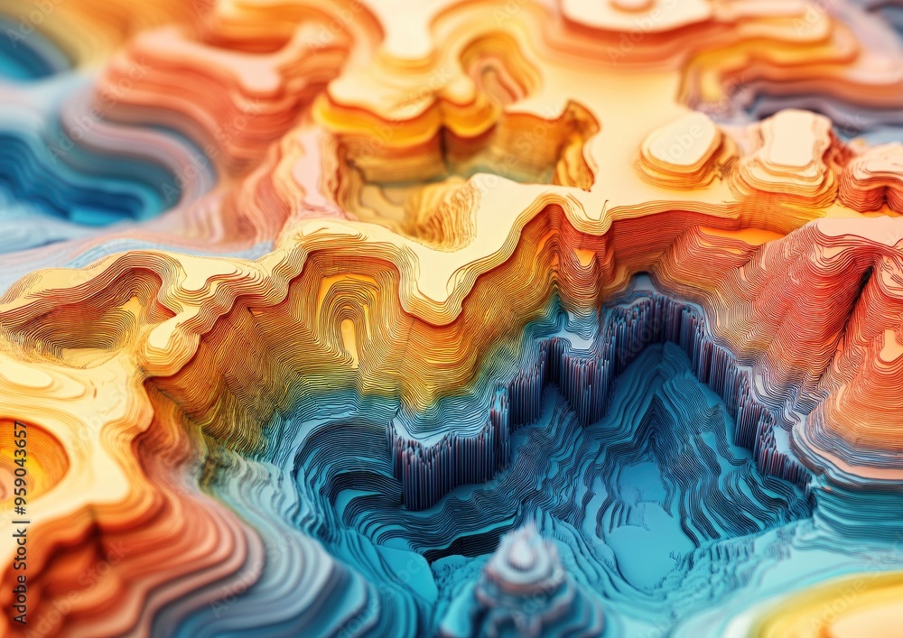 Poster 3d topographic map illustration featuring layered colors creating an abstract representation of geog