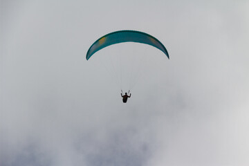 Panorama of alps. Extreme sports in mountains. High resolution photo. Ski, parasailing, climbing, alpinism.