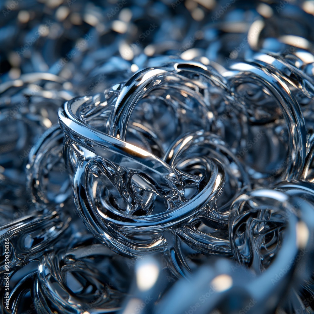 Poster Abstract background of intertwined silver metallic rings.  A 3D rendering of a modern metallic texture.  Shiny and reflective, the image is perfect for technology or design.