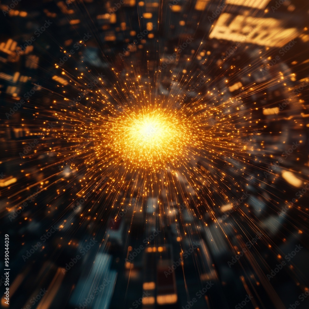 Poster abstract background with a bright glowing light in the center, surrounded by particles and rays of l