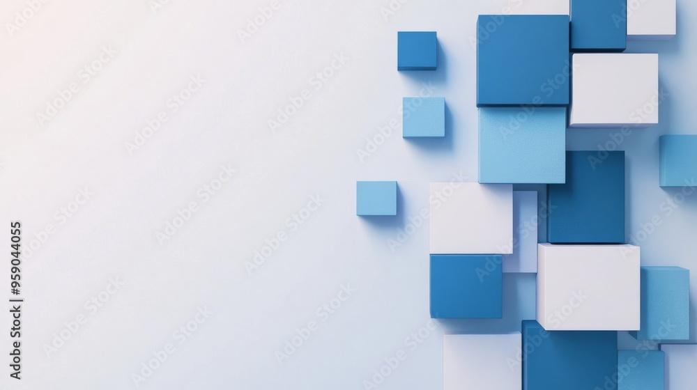 Poster abstract background with blue and white cubes arranged in a geometric pattern on a light background.