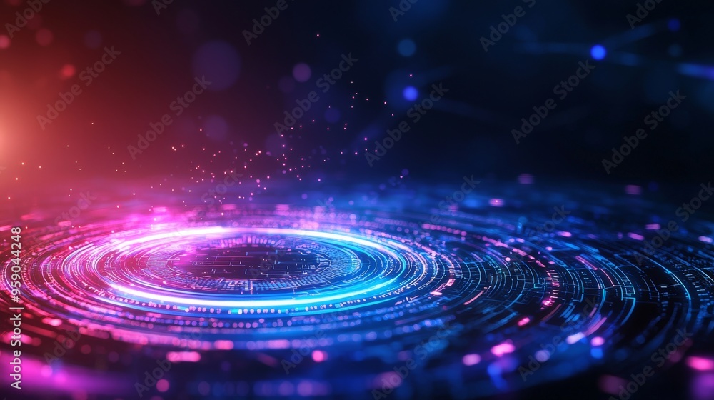 Poster abstract background with glowing blue and pink light circles, creating a futuristic and digital feel