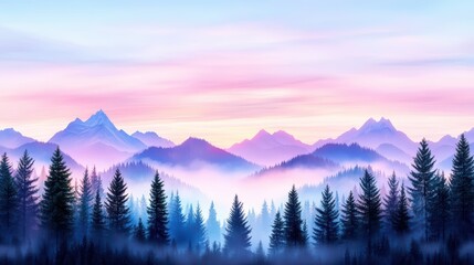 Obraz premium Tranquil mountain landscape at sunrise with vibrant sky. Lush forests and misty peaks create a serene nature scene for relaxation.