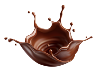 Sweet milk chocolate splash with drops, bubbles and blots. Melting liquid fluid crown drops. Isolated. PNG Illustration.
