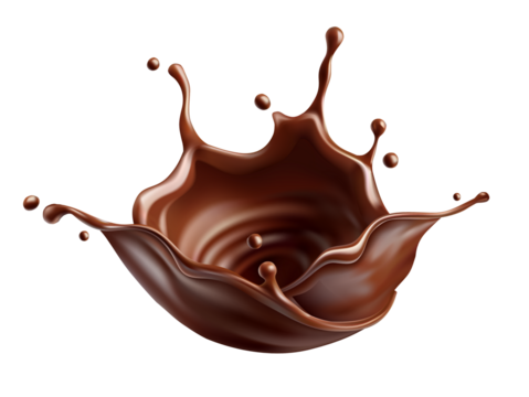 Sweet milk chocolate splash with drops, bubbles and blots. Melting liquid fluid crown drops. Isolated. PNG Illustration.