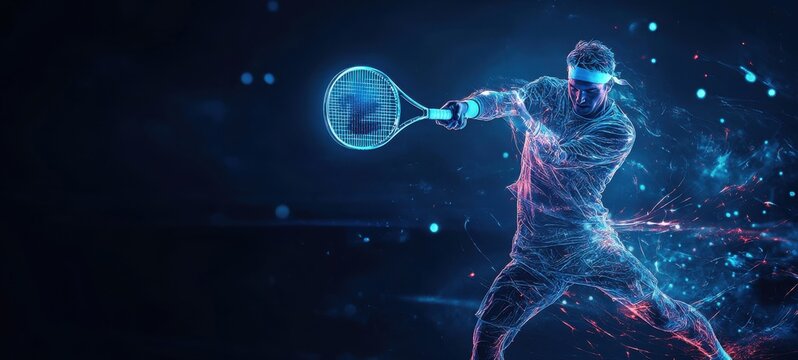 A digital tennis player striking a ball in a futuristic style with neon effects that showcase energy and movement in a dark background
