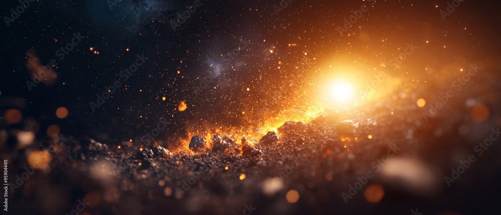 Poster abstract background with glowing particles and a bright light source.
