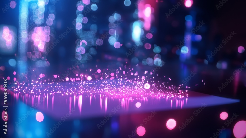 Poster abstract background with glowing pink and blue particles, creating a magical, futuristic atmosphere.