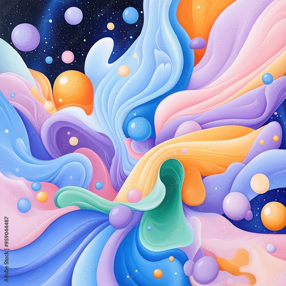 Poster vibrant abstract art featuring colorful swirls and bubbles, creating a sense of fluid motion in a co