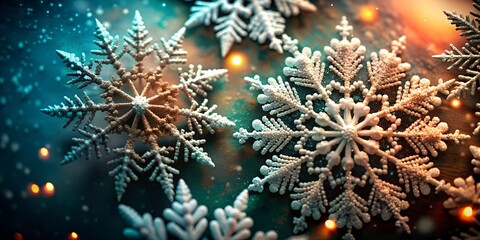 Beautiful white snowflakes on a blue and orange ombre background with copy space. Perfect for winter, holiday, or seasonal designs.