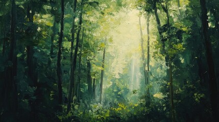 Obraz premium Vertical oil painting of lush green forest trees with sunlight filtering through creating a serene natural backdrop
