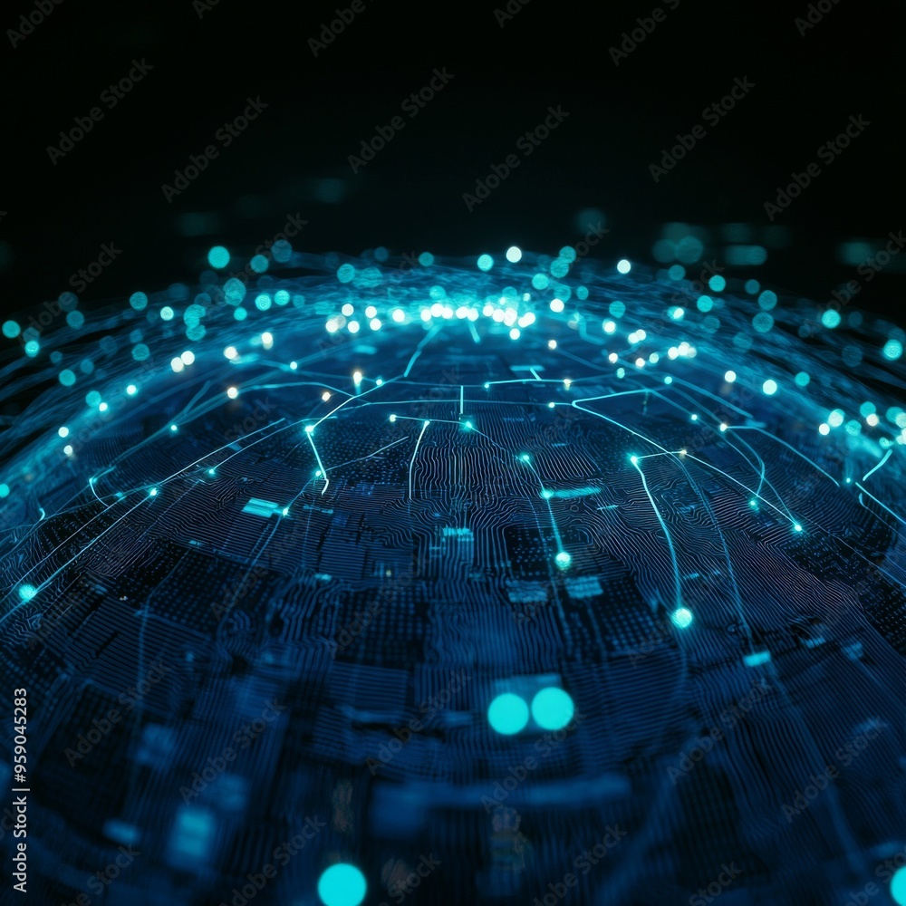 Poster abstract blue glowing lines and dots form a sphere, representing a futuristic technology network.