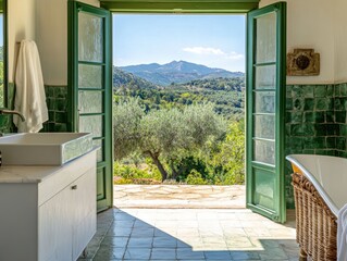 Fototapeta premium minimalistic vintage bathroom with a modern white bathtub in a spanish farm house style with artisanal foreset green spanish tiles over the sink with a wall length window overlooking a mountain view 