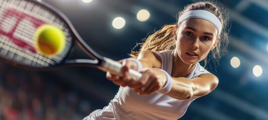 A focused tennis player lunges to hit a forehand shot during a competitive match in an indoor arena at night