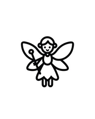 Editable stroke vector illustration of a fairy with translucent wings holding a magic wand.