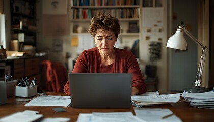 A Woman Focused on Work at a Desk with a Laptop and Papers
