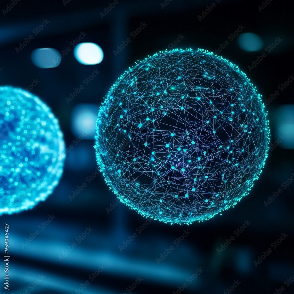 Aufkleber abstract blue spheres with glowing lines and dots, representing connection and network.
